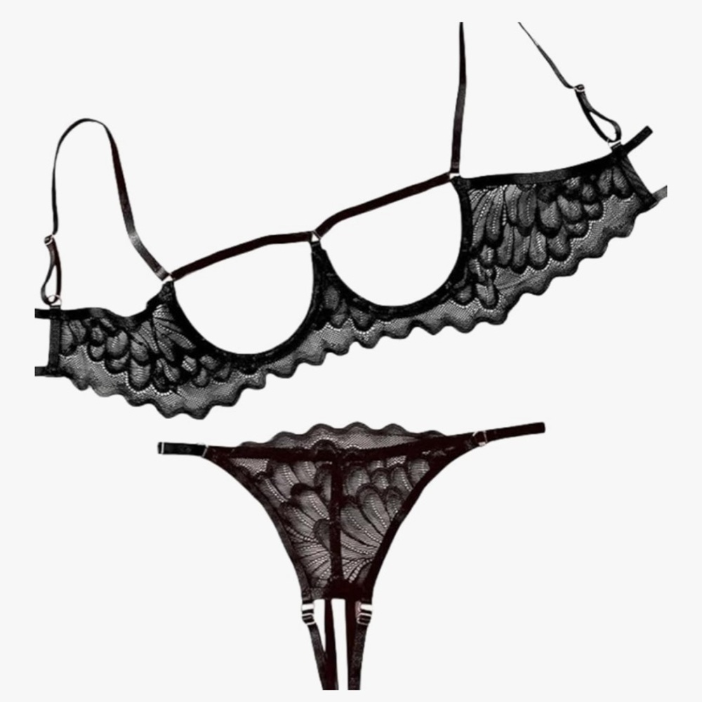 NWT No Label Size L Black Womens Sexy Lace Lingerie Nightie Set